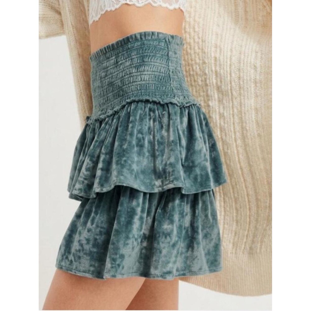 Aerie Frills and Thrills Crushed Velvet Smocked Ruffle Mini Skirt Blue/green